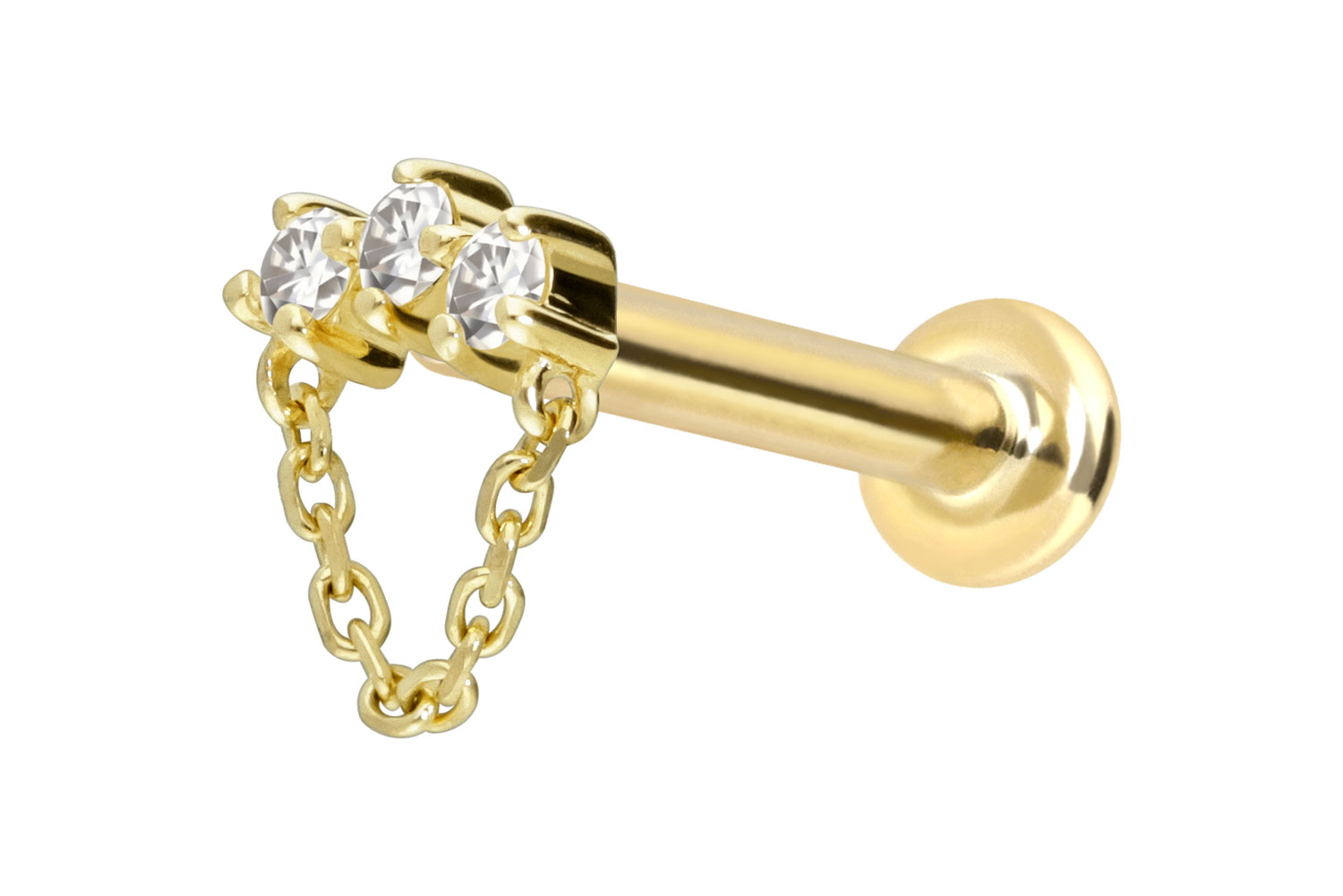 14 Karat Gold Labret Piercing mit Push Fit MOISSANIT-BOGEN + KETTE